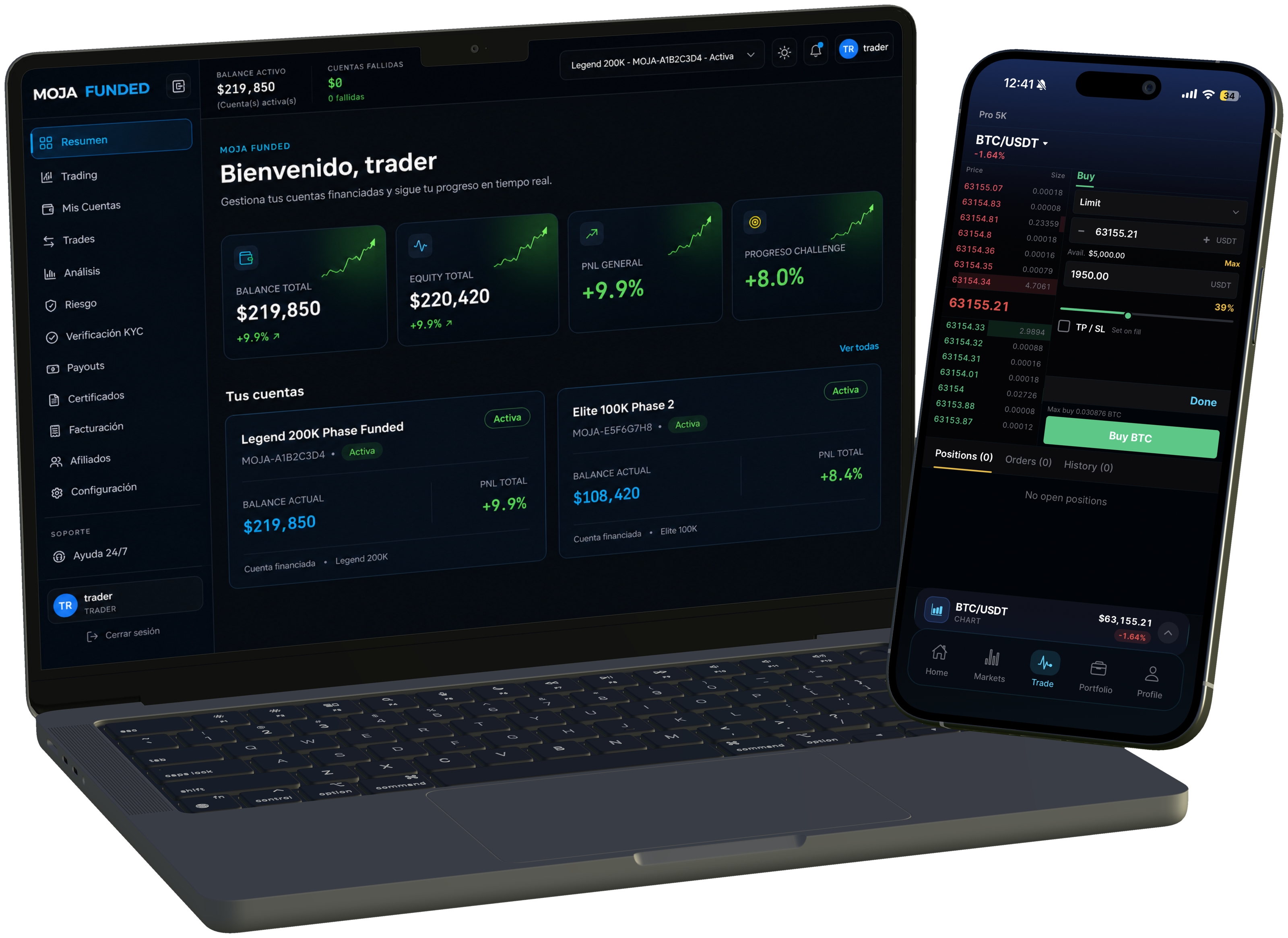 Real MOJA FUNDED terminal on a laptop and phone — live chart, order book and buy panel